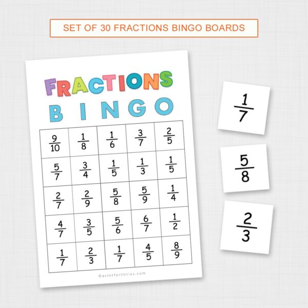 Set of 30 Fractions Bingo Game Cards Printable