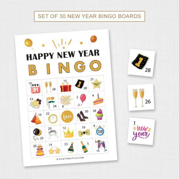 Set of 30 New Year Bingo Printable Cards